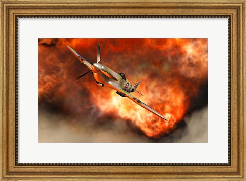 Framed British Supermarine Spitfire Bursting through Flames Print