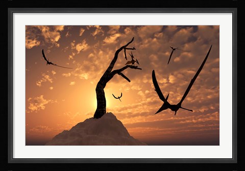 Framed Pteranodons Flying on a Cretaceous Night Print