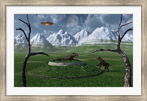 Framed Sabre-Tooth Tigers Encountering UFO&#39;s Print