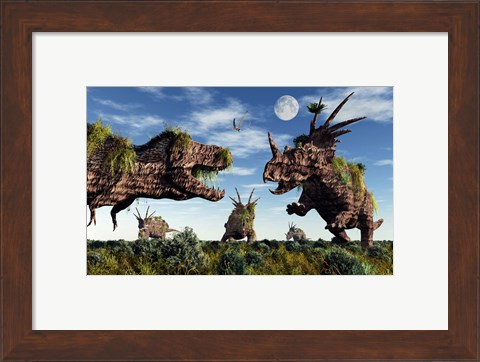 Framed Styracosaurus and Tyrannosaurus Rex Print