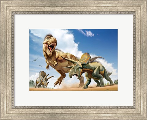 Framed Tyrannosaurus Rex Fighting aTriceratops Print