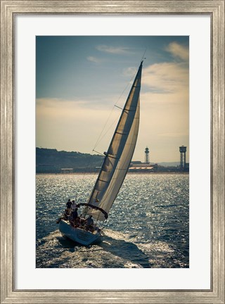 Framed Spain, Barcelona Sailboat on the Balearic Sea just off the Coast Print
