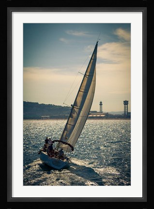 Framed Spain, Barcelona Sailboat on the Balearic Sea just off the Coast Print