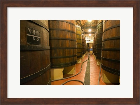 Framed Large Oak tanks holding wine, Bodega Muga Winery, Haro village, La Rioja, Spain Print