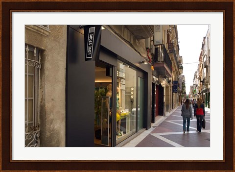 Framed Shopping street in Village of Vilanova i la Geltru, Catalonia, Spain Print