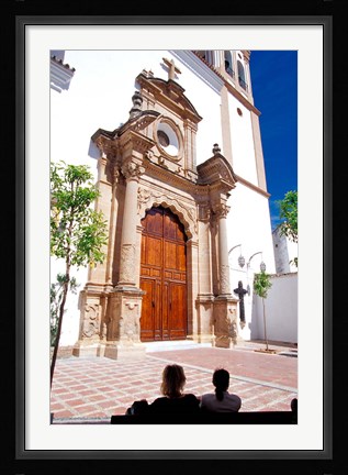 Framed Silhouette of Women Talking in Front of Cathedral, Marbella, Spain Print