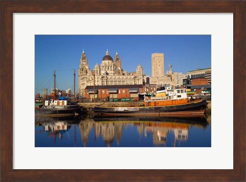 Framed Liver Building and Tug Boats from Albert Dock, Liverpool, Merseyside, England Print