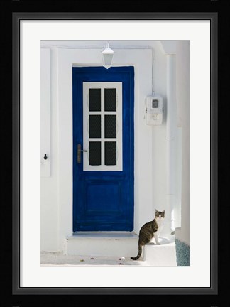 Framed Village Door with Cat, Kokkari, Samos, Aegean Islands, Greece Print