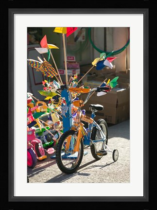 Framed Bicycle Outside Toy Shop, Lesvos, Mytilini, Aegean Islands, Greece Print