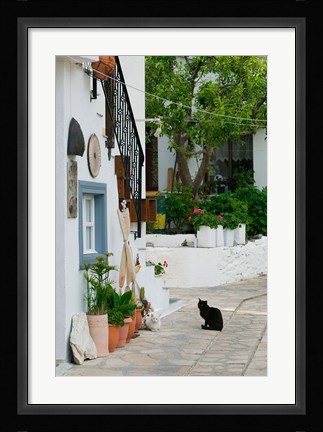 Framed Street View with Black Cat, Manolates, Samos, Aegean Islands, Greece Print