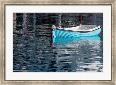 Framed Greece, Cyclades, Mykonos, Hora Blue Fishing Boat with Reflection Print