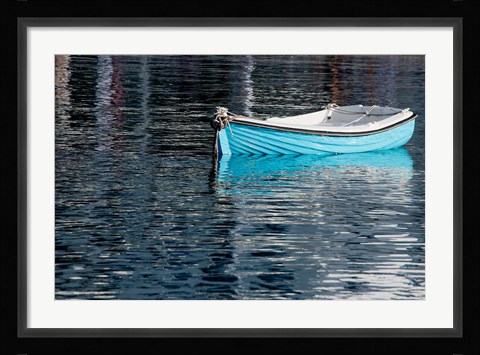 Framed Greece, Cyclades, Mykonos, Hora Blue Fishing Boat with Reflection Print