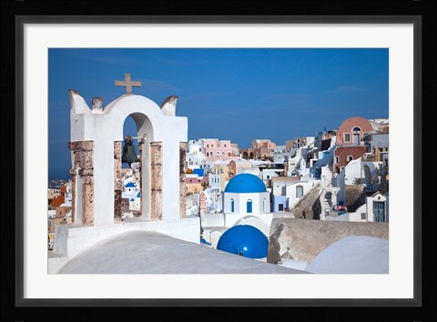 Framed Bell tower and blue domes of church in village of Oia, Santorini, Greece Print