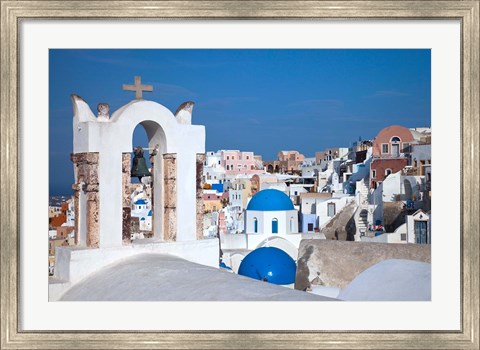 Framed Bell tower and blue domes of church in village of Oia, Santorini, Greece Print