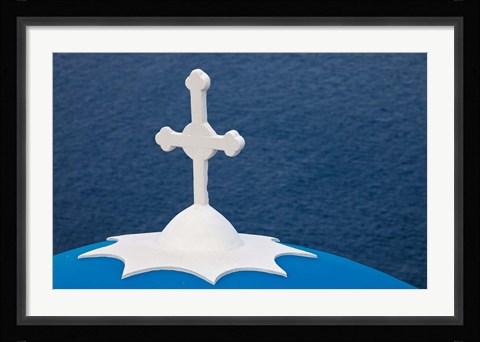 Framed Church with blue dome and white cross in village of Firostefani, Santorini, Greece Print