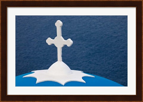 Framed Church with blue dome and white cross in village of Firostefani, Santorini, Greece Print