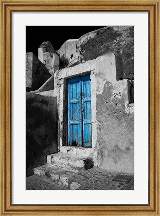 Framed Colorful Blue Door, Oia, Santorini, Greece Print