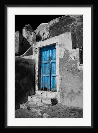 Framed Colorful Blue Door, Oia, Santorini, Greece Print