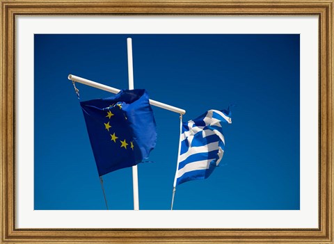 Framed Greece, Mykonos, Hora harbor, Union and Greek Flags Print