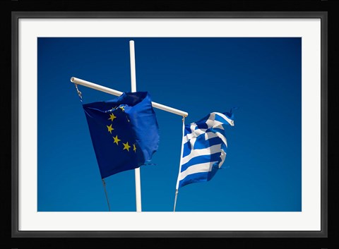 Framed Greece, Mykonos, Hora harbor, Union and Greek Flags Print