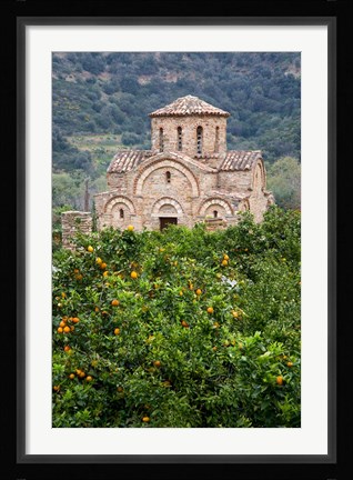 Framed Byzantine church near Fodele, Grove of orange trees and Church of the Panayia, Crete, Greece Print