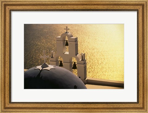 Framed Seaside church tower with bell, Santorini, Greece Print