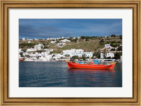 Framed Greece, Cyclades, Mykonos, Hora Harbor view with Greek fishing boat Print