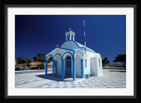 Framed Agios Nicoolaos Church and Checkered Pavement, Cyclades Islands, Greece Print