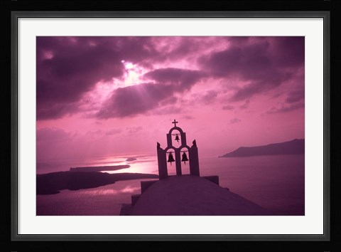 Framed Church Steeple with Evening Rays, Santorini Island, Greece Print