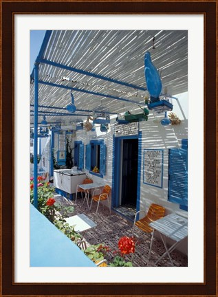 Framed Breakfast Bar with Bird Cages, Thira, Cyclades Islands, Greece Print
