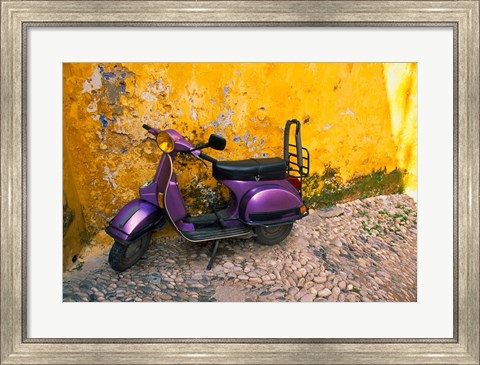 Framed Vespa and Yellow Wall in Old Town, Rhodes, Greece Print