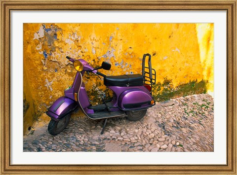 Framed Vespa and Yellow Wall in Old Town, Rhodes, Greece Print