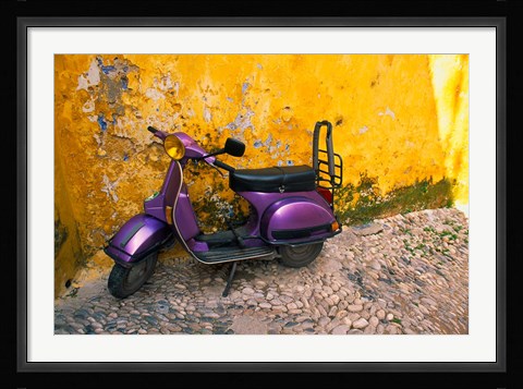 Framed Vespa and Yellow Wall in Old Town, Rhodes, Greece Print