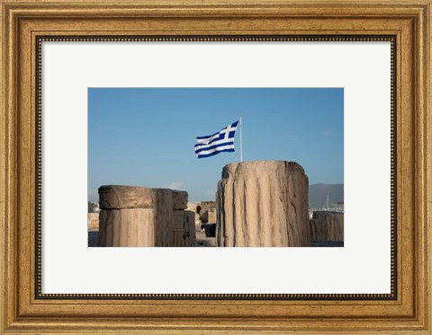 Framed Greece, Athens, Acropolis Column ruins and Greek Flag Print
