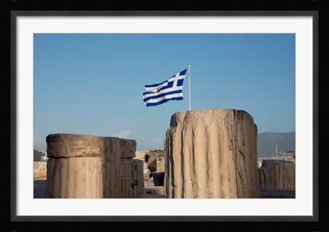 Framed Greece, Athens, Acropolis Column ruins and Greek Flag Print