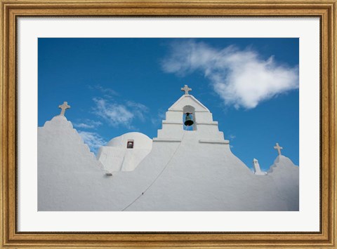 Framed Greece, Cyclades, Mykonos, Hora Church rooftop with Bell Tower Print