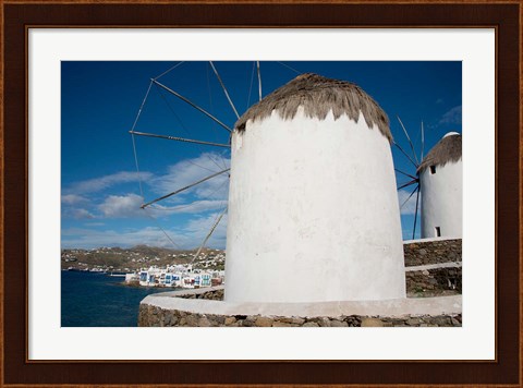 Framed Greece, Cyclades, Mykonos, Hora Cycladic windmill in &#39;Little Venice&#39; Print