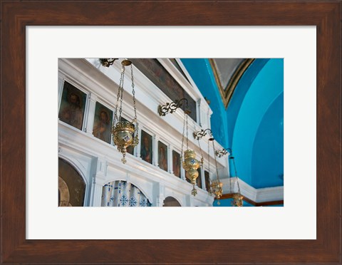 Framed Greece, Cyclades, Mykonos, Hora Wall icons and oil lamps of a church Print