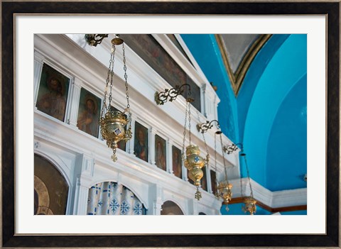 Framed Greece, Cyclades, Mykonos, Hora Wall icons and oil lamps of a church Print