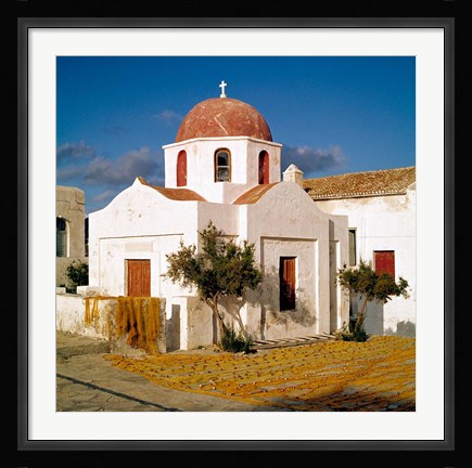 Framed Greece, Mykonos, Church, Fishing Nets Print