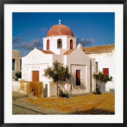 Framed Greece, Mykonos, Church, Fishing Nets Print