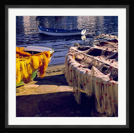 Framed Greece, Mykonos Fishing Nets on Boats Print