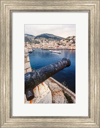 Framed Cannon, hydrofoil boat, harbor, Hydra Island, Greece Print