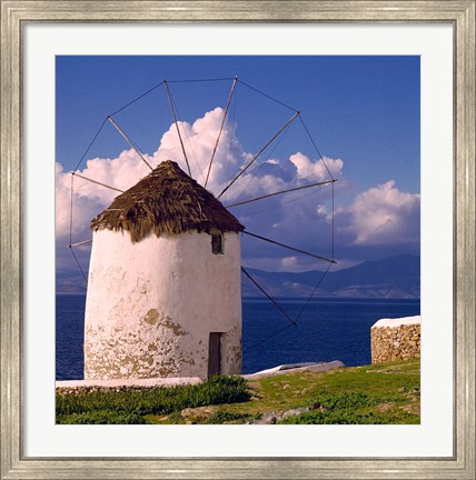 Framed Greece, Mykonos, Windmill looks over Azure Sea Print
