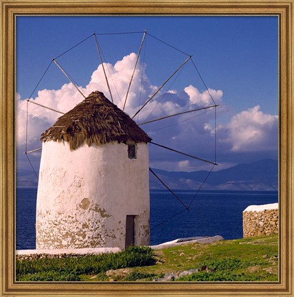 Framed Greece, Mykonos, Windmill looks over Azure Sea Print