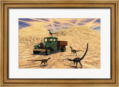 Framed Velociraptors React Curiously to a 1930&#39;s American Pickup Truck Print