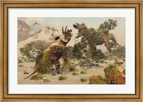 Framed Living fossils of a Triceratops and a T-Rex Confronting Each Other Print