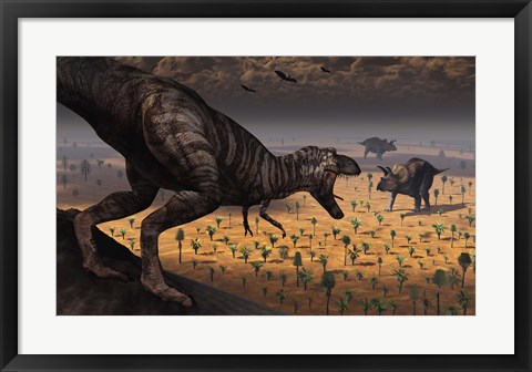 Framed Tyrannosaurus Rex spots two Passing Triceratops Print