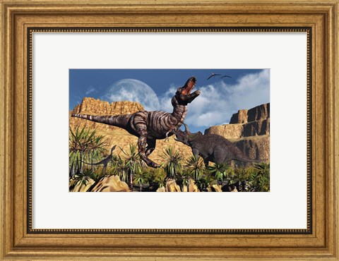 Framed Confrontation between Tyrannosaurus Rex and Triceratops Print