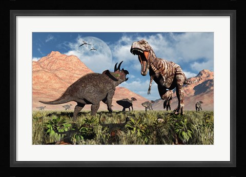 Framed Prehistoric battle between a Triceratops and Tyrannosaurus Rex Print